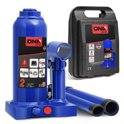 DNA Motoring front view of blue bottle jack showing sturdy build and clear capacity marking