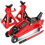DNA MOTORING floor jack front view showing red finish and durable frame for reliable lifting