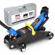 DNA MOTORING front view of blue trolley jack showing stable base and benefit of quick positioning