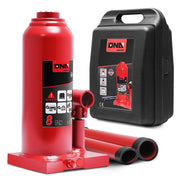 DNA MOToring front view of red bottle jack showing compact design and strong lifting capability