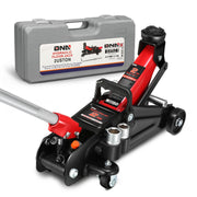 DNA MOTORING front view of red 2-ton trolley jack showing sturdy frame and capacity benefit