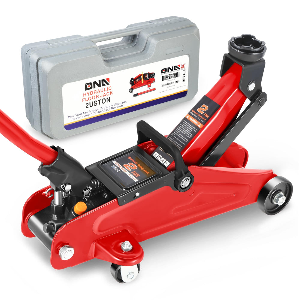 DNA MOTORING front view of red floor jack showing compact design and easy positioning