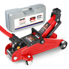 DNA MOTORING front view of red floor jack showing compact design and easy positioning