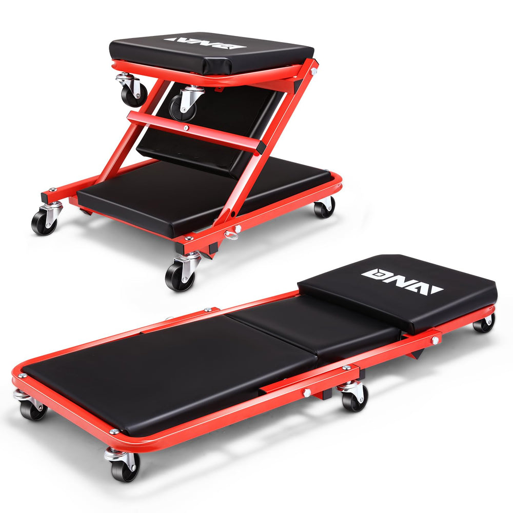 DNA MOTORING front view of rolling creeper seat showing sturdy frame and cushion benefit