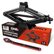 DNA Motoring front view of scissor jack showing solid frame and height range benefit