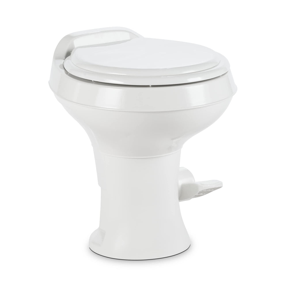 Dometic toilet front view showing full-size seat and streamlined profile for comfort