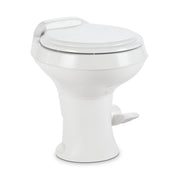 Dometic toilet front view showing full-size seat and streamlined profile for comfort