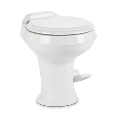 Dometic toilet front view showing full-size seat and streamlined profile for comfort