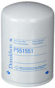 Donaldson P551551 front view showing spin-on canister and label, indicating easy replacement