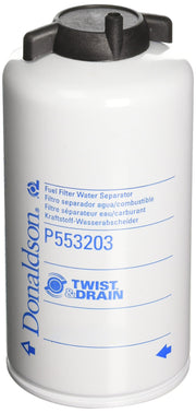 Donaldson P553203 front view showing label and spin-on base, reliable fuel protection