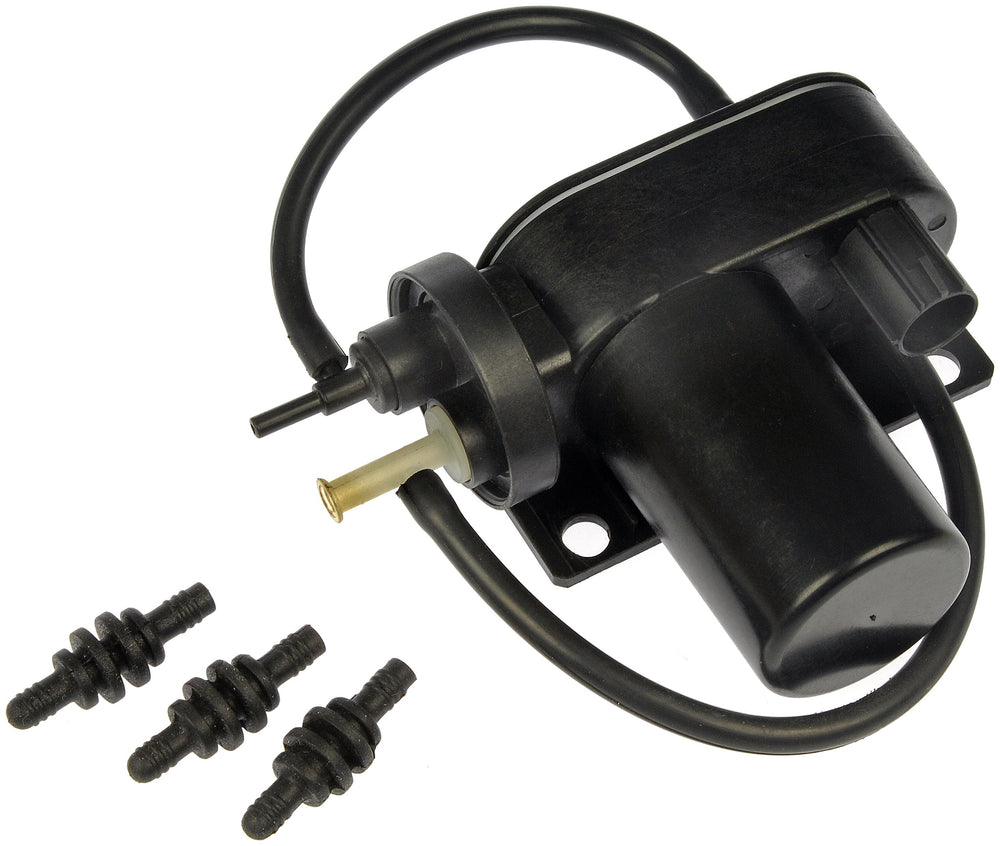 Dorman vacuum pump front view showing mounting points and brand, ensures correct fit