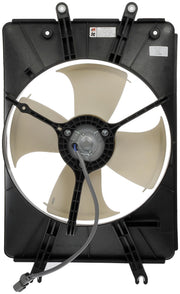 Dorman condenser fan assembly front view showing mounting points and ready-to-install benefit