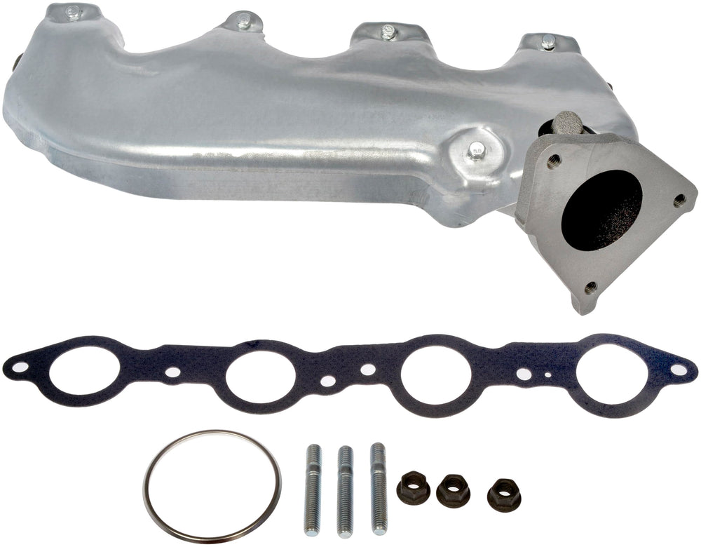 Dorman exhaust manifold front view showing bolt ports and improved fit
