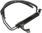 Dorman power steering cooler front view showing core and fittings for reliable cooling