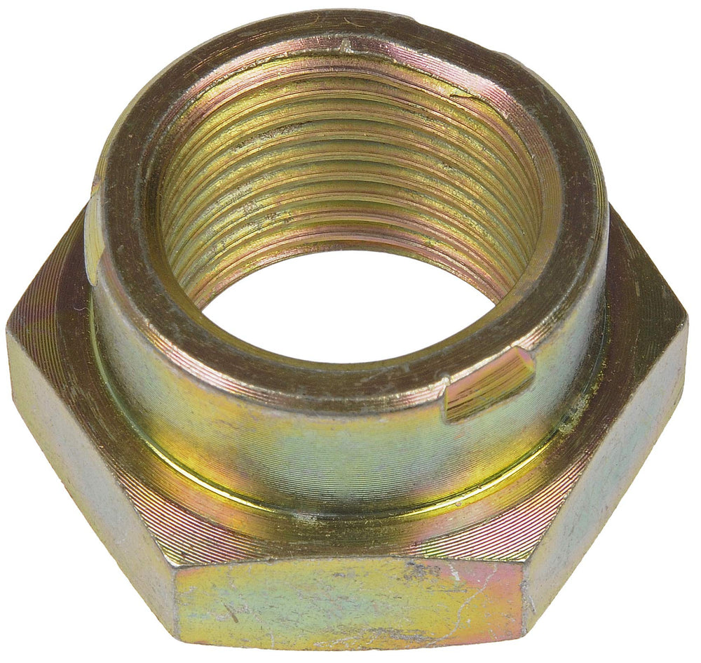 Dorman spindle nut front view showing hex 36mm and clear labeling, ensures correct fit