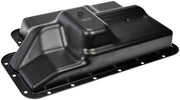 Dorman transmission oil pan front profile showing bolt pattern and clean fit benefits