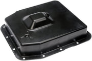 Dorman transmission oil pan front view showing fit and benefit of easier installation