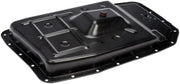 Dorman transmission pan front view showing clean OE-fit design and easy installation benefit