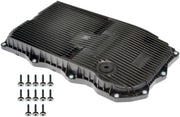 Dorman transmission pan front view showing OE FIX fit and cleaner servicing
