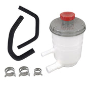 DOVOSO power steering reservoir front view showing mount points and benefit of easy fit