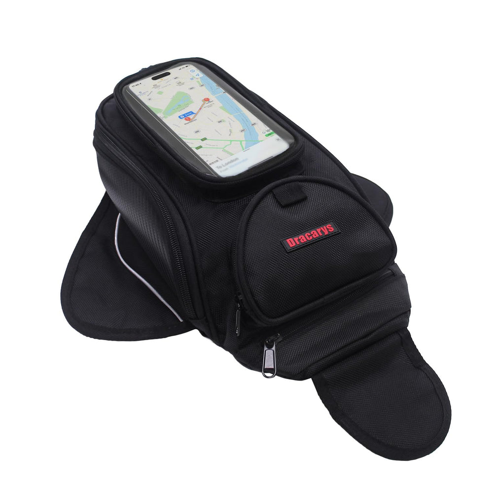 Dracarys front view of tank bag showing accessible pockets and mounting