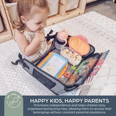 Dreambaby cup holder and six pockets holding snacks and crayons neatly