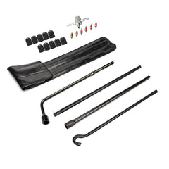 Dr.Roc front view of spare tire tool kit showing complete set and trunk-ready benefit