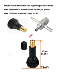 Dr.Roc six TR413 valve stems and 4-way valve tool laid out, quick valve replacement