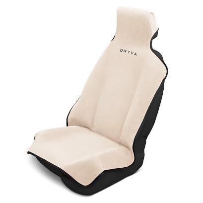 Dryva front view of beige seat cover showing clean protection and quick install benefit