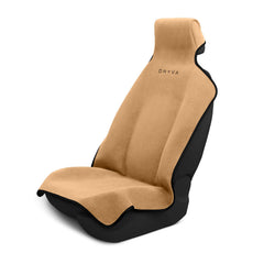 Dryva showing front seat cover in tan protecting upholstery and improving cleanliness