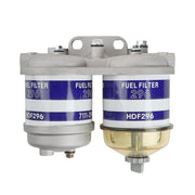 Dtomi dual fuel filter front view showing mounting and clear bowl for easy inspection
