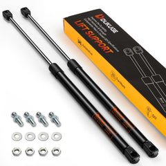 Dukuge front view of two 27-inch struts and packaging showing ready-to-install hardware benefit