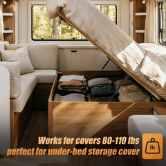 Dukuge gas strut mounted on an RV bed lid providing smooth lift assistance and secure hold-open