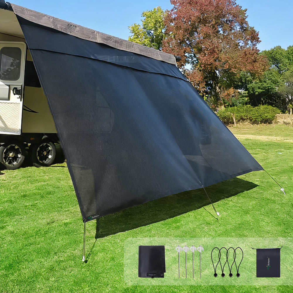Dulepax full panel on RV awning providing privacy and shade