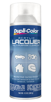 Dupli-Color gloss clear front can showing label and 12 oz size benefit