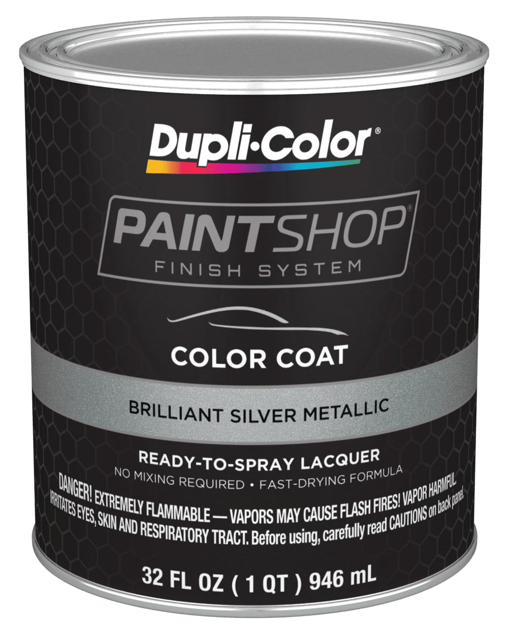 Dupli-Color quart container front view showing Brilliant Silver base coat benefit