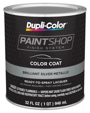 Dupli-Color quart container front view showing Brilliant Silver base coat benefit