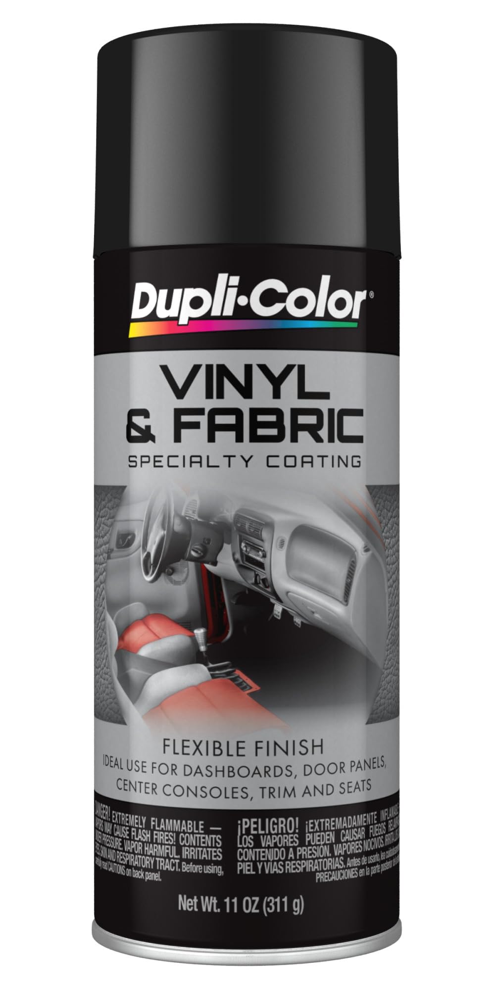 Dupli-Color gloss black can showing label and nozzle, showcasing ease of use