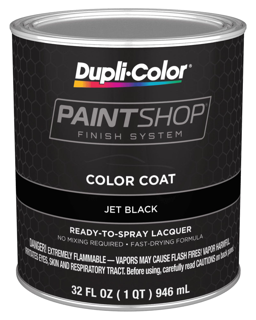 Dupli-Color Jet Black quart can front view showing product identity and ease