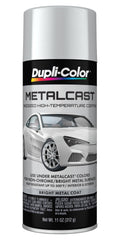 Dupli-Color can front view showing silver Metalcast label and easy application benefit