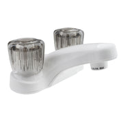 Dura Faucet front view showing white finish and compact design benefits
