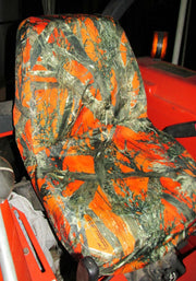 Durafit Seat Covers front view on Kubota seat showing orange camo and exact-fit protection