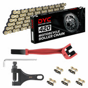DYC DAIYOKI front view of gold black 420 chain kit showing components and benefits