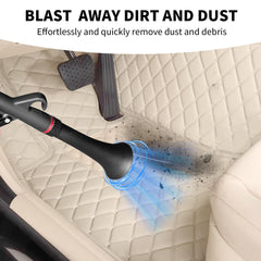 Dynaiency blow gun attached to air compressor hose demonstrating ready-to-use setup