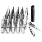 dynofit front packaging showing 32 chrome spike lug nuts and included key, durable set
