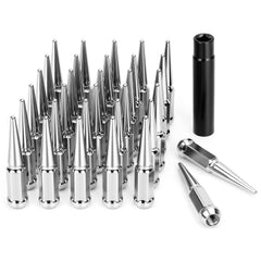 dynofit front packaging showing 32 chrome spike lug nuts and included key, durable set