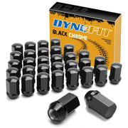 Dynofit front packaging showing 32 black chrome lug nuts and fitment benefits