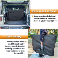 E-cowlboy bag mounted vertically behind seats saving cargo space in a Jeep