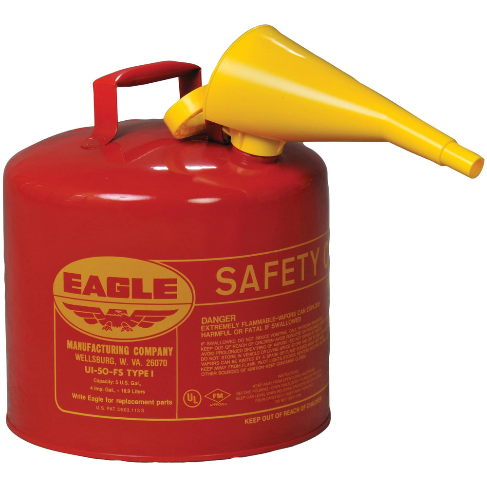 Eagle front view of red 5 gallon can showing durable design and safe handling
