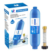 EauSerene front view of inline RV water filter showing compact housing and fittings for reliable purification